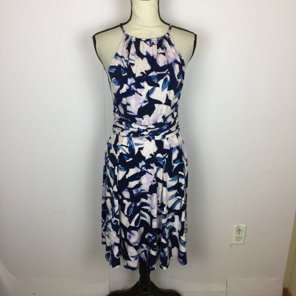 Maggy London Fit & Flare Halter Dress Sz 8 Womans Navy Purple Floral Sleeveless
